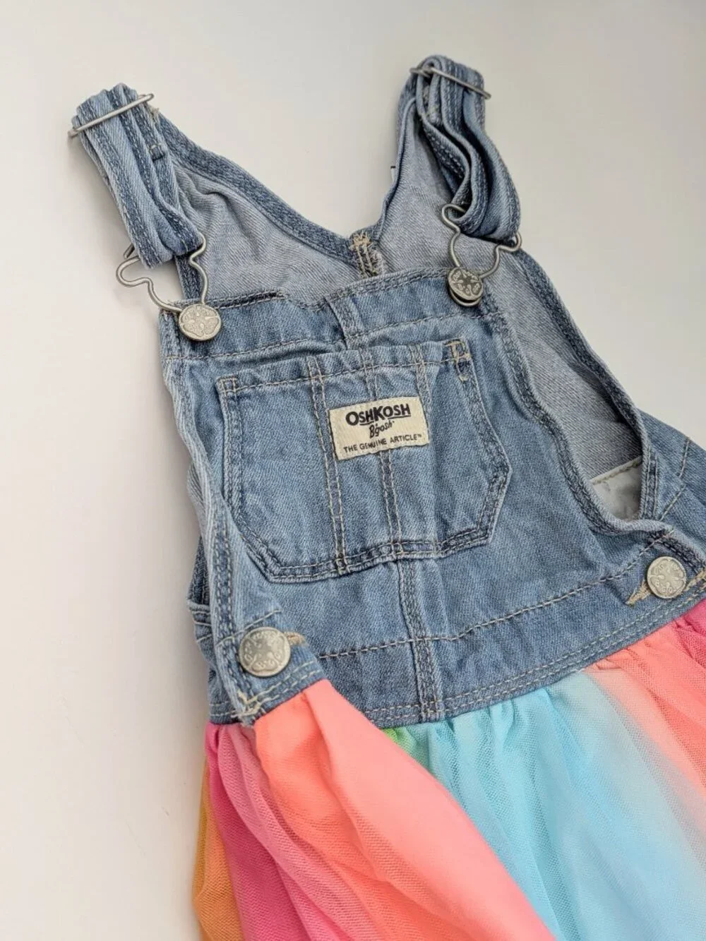 OshKosh Girls' (4T) Denim Overall Dress/Jumper with Rainbow Colored Tulle Skirt